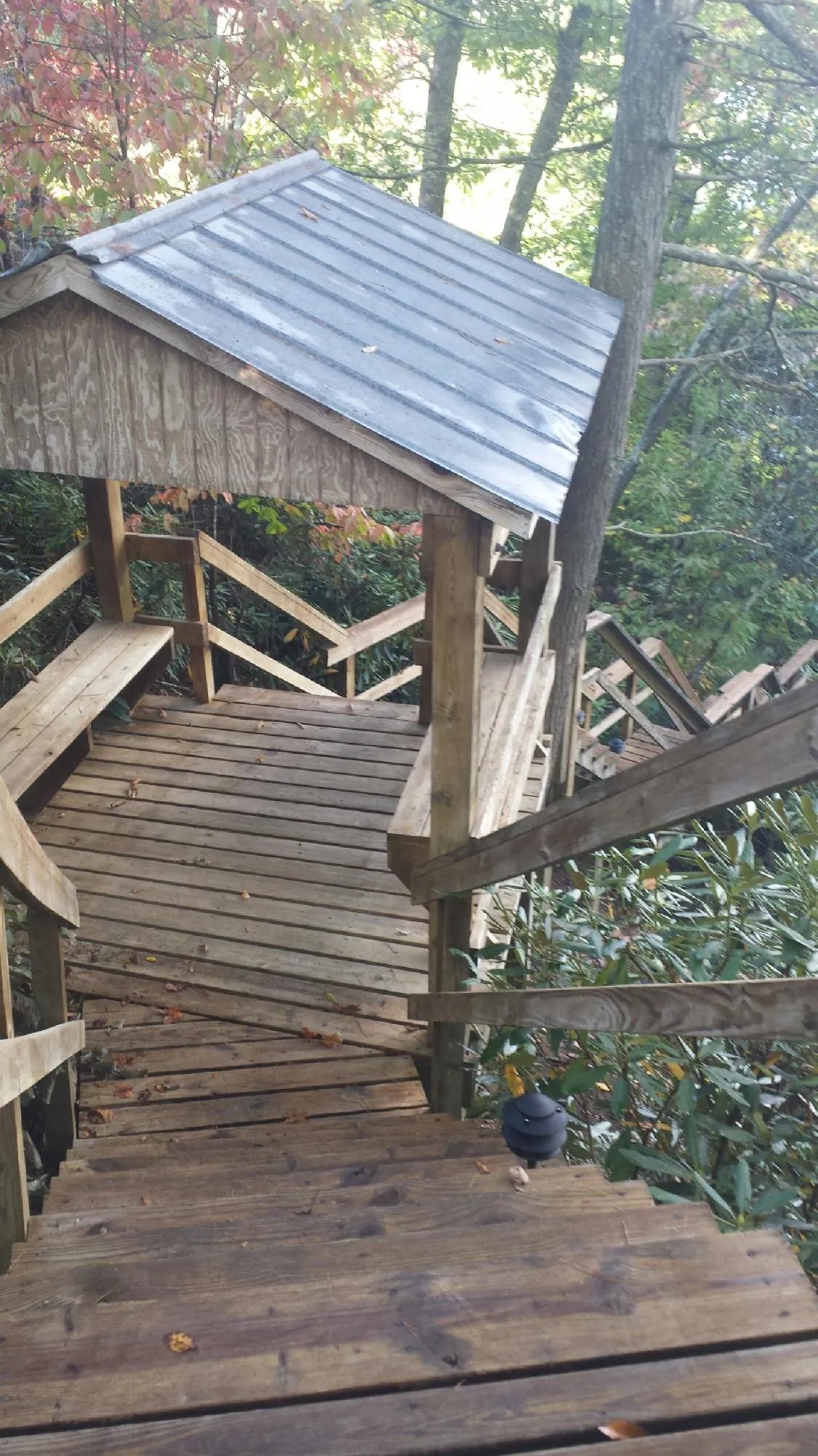 Metal roofed shelter over wooden steps on a wooded walkway — Skylight Repair & Installation work by our crew in Butler